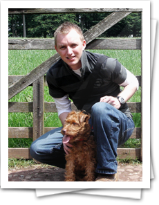 Photo of Greg an Ruby (the dog) at the Mueseum of Welsh Life in May 2008